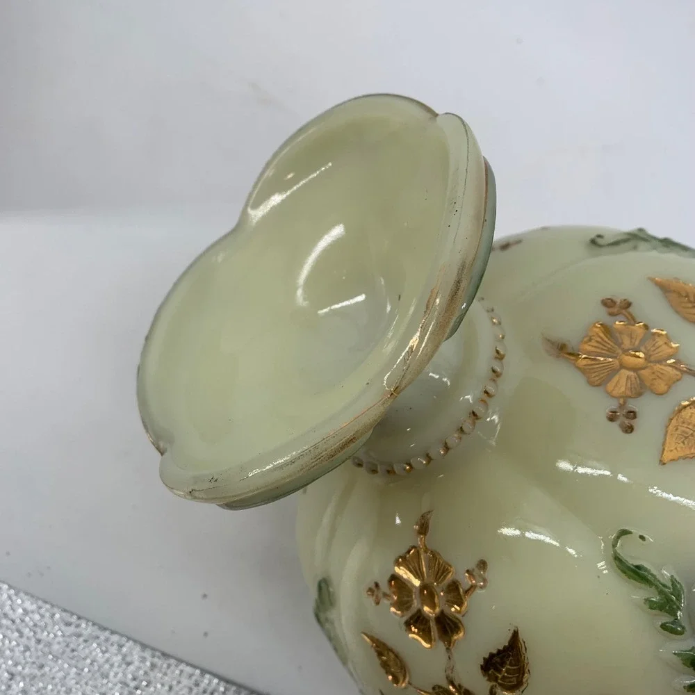 Vintage Custard Glass Pedestal Bowl Gold Floral Hand Painted Ruffled Footed Glow